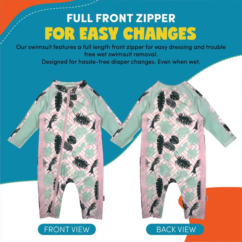 SwimZip Little Girl Long Sleeve Sunsuit with UPF 50 Sun Protection,Palm,0-6 Month - Image 4